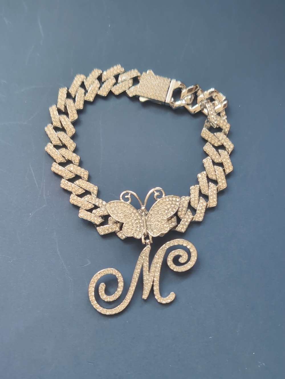 Silver Rhinestone Studded Butterfly Initial 'M' Cuban Link Anklet